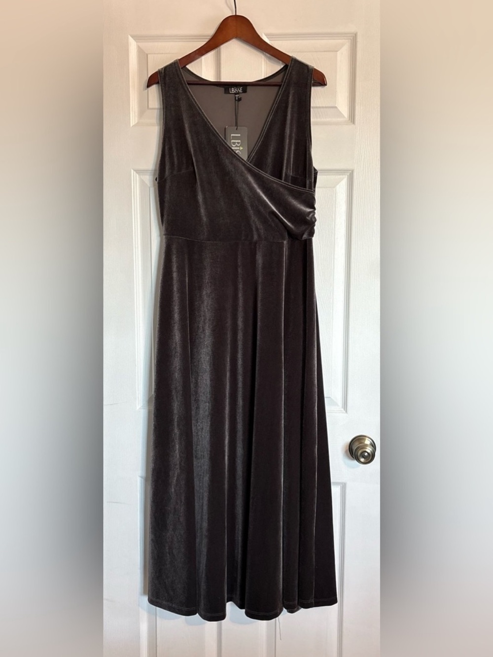 Lbisse Charcoal Grey Velvet Wrap Style Full Length A-line Maxi Dress Size Xlarge - Picture 3 of 12
